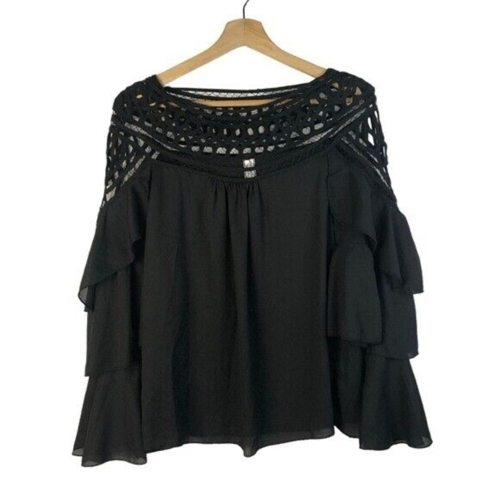 American Rag Black Boxy Ruffled Blouse with Lace Neckline